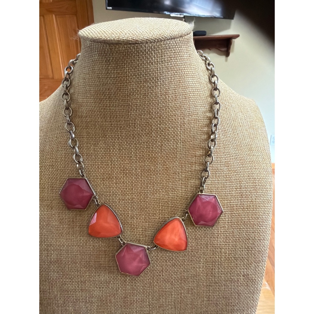 Geometric Pink Orange Resin Stone Silver Tone Statement Bib Necklace Chunky